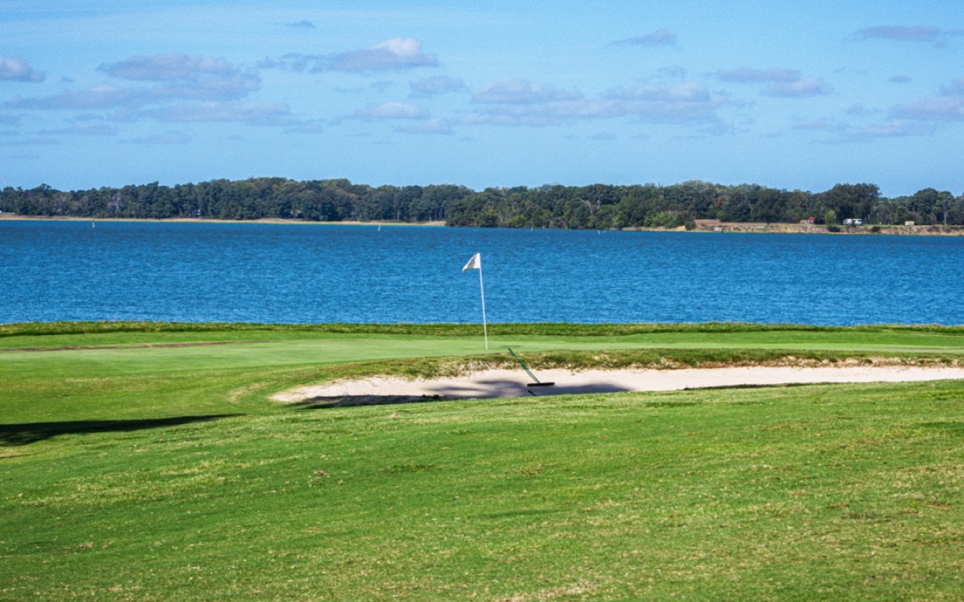 The green beside the water at Sleepy Hole Golf Course in Suffolk, Virginia.